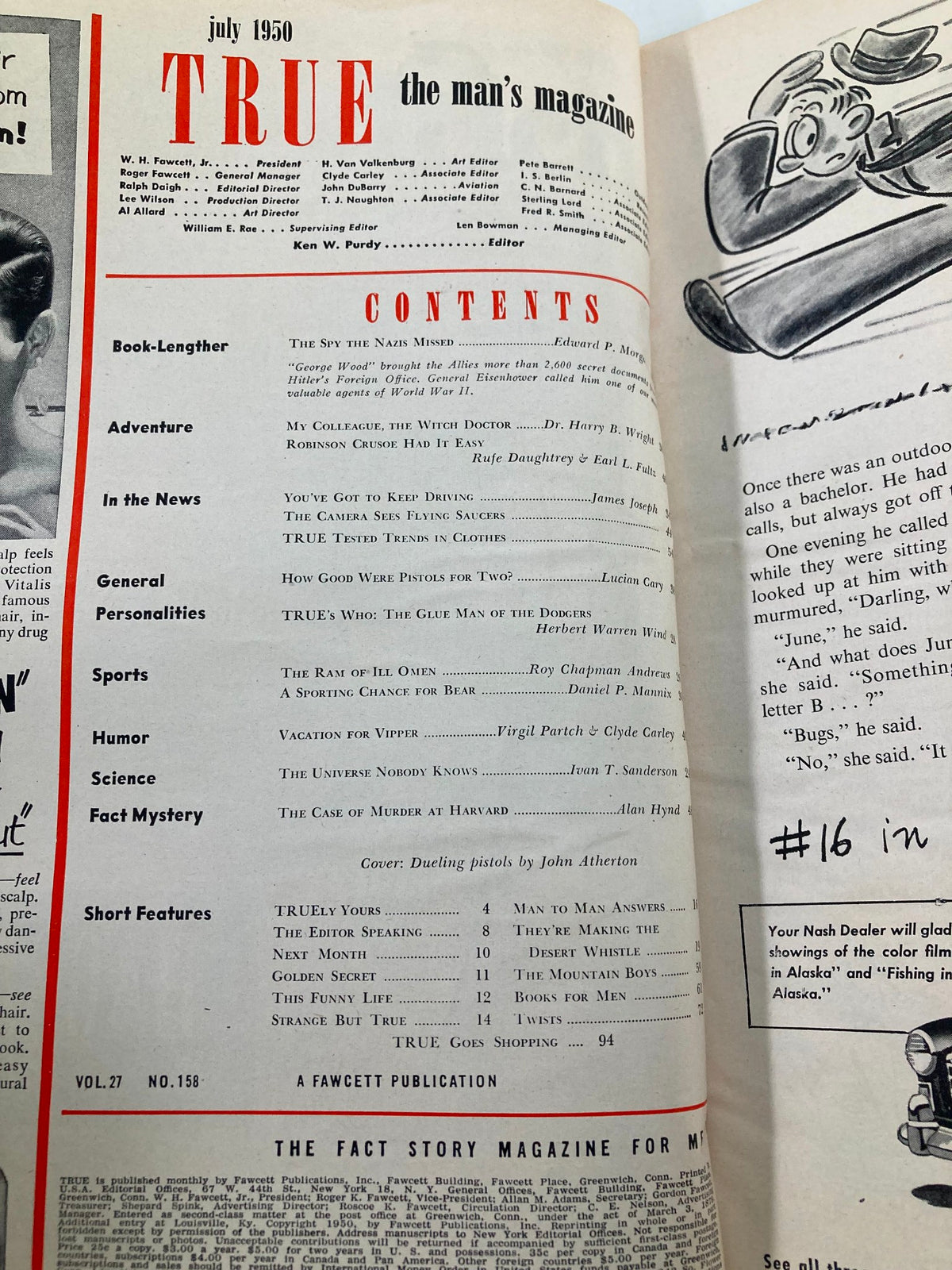 Inside content page of TRUE The Man's Magazine July 1950 listing articles including 'The Case of Murder at Harvard', showcasing a classic mid-20th century magazine layout.