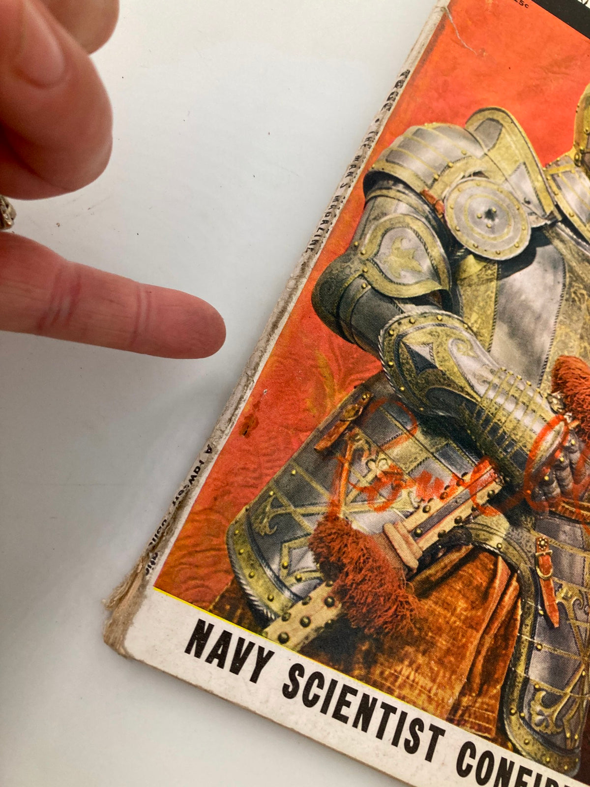 Side view of the worn cover of TRUE The Man's Magazine March 1950 highlighting details of the knight's armor and the cover text regarding Navy scientist confirms flying saucers.