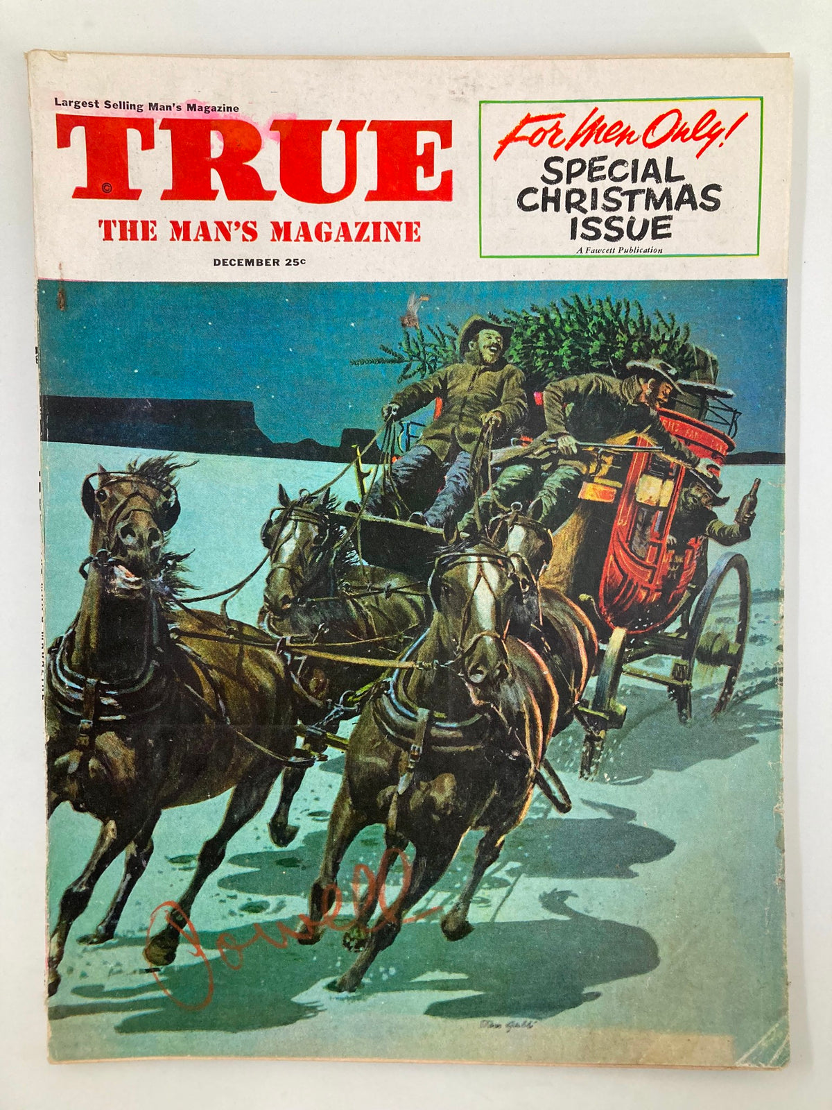 Cover of TRUE The Man's Magazine December 1953 featuring a dramatic illustration of horse-drawn sleighs in a snowy landscape with the title in bold red lettering.