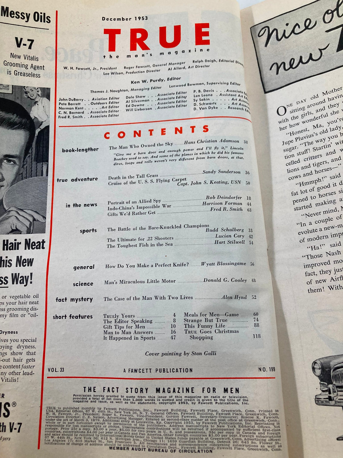 Interior page of TRUE The Man's Magazine December 1953 displaying the contents section with article titles and editor details.