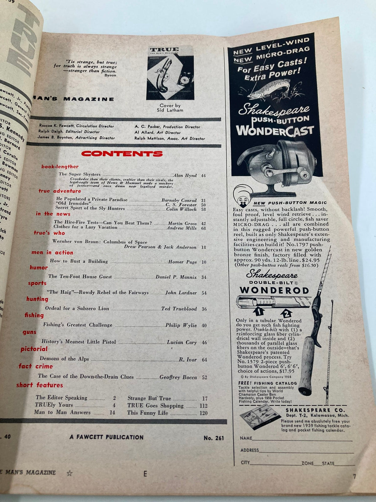 Interior view of TRUE The Man's Magazine February 1959 issue, showcasing the table of contents, including articles on history, humor, sports, and fishing, highlighting 'The Gun That Killed Lincoln' cover story.