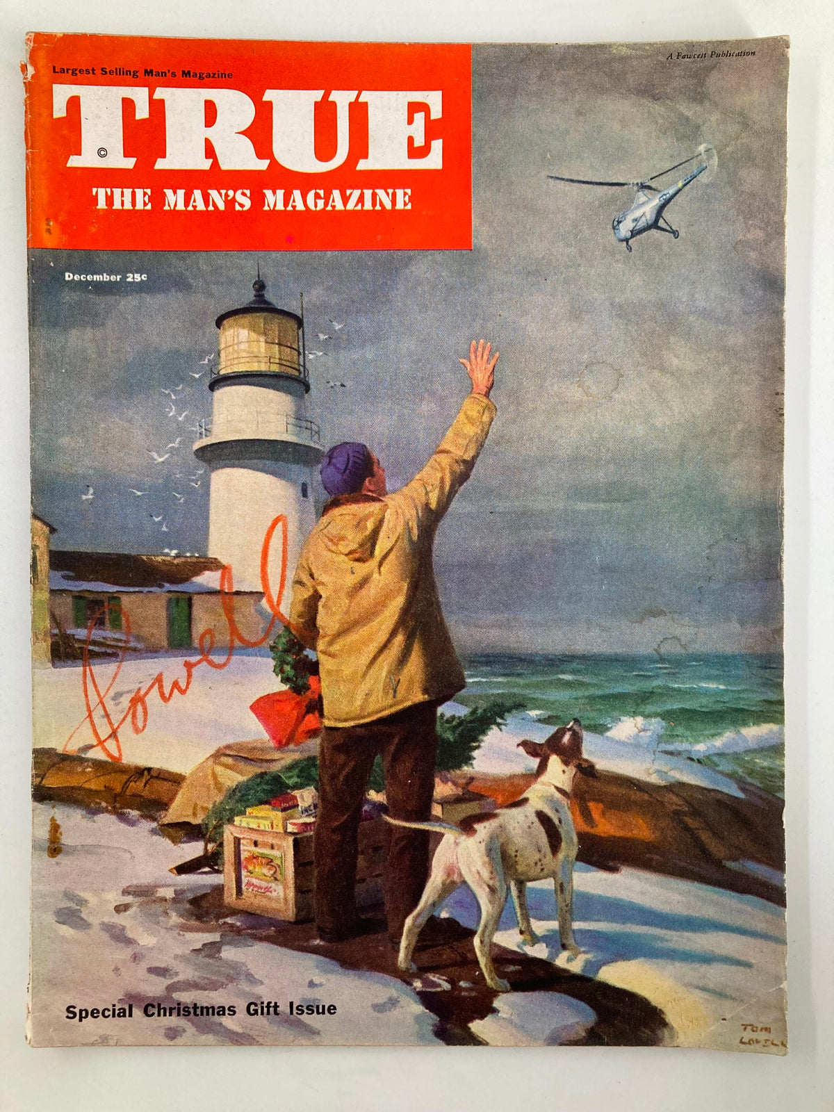 Cover of TRUE The Man's Magazine December 1949 featuring a Christmas scene with a lighthouse, a man waving, and a dog. Special Christmas Gift Issue.