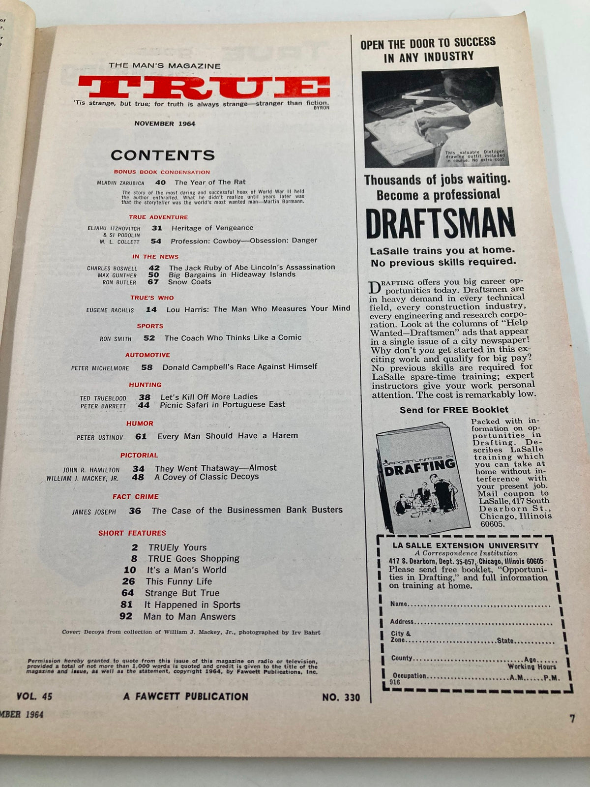 Inside page of TRUE The Man's Magazine November 1964 illustrating the magazine's table of contents, showcasing featured articles and vintage advertising style.