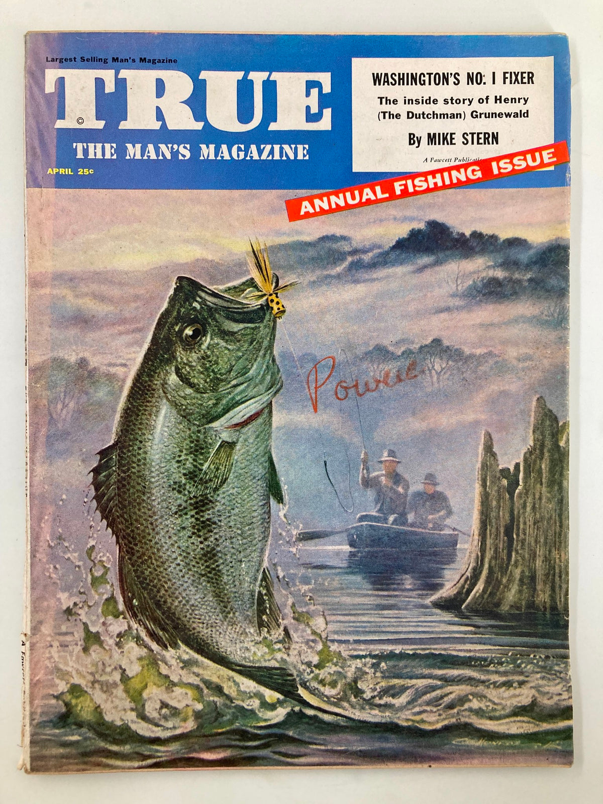 Cover image of TRUE The Man's Magazine April 1954 featuring a large fish jumping out of water, with a headline about the inside story of Henry Grunewald.