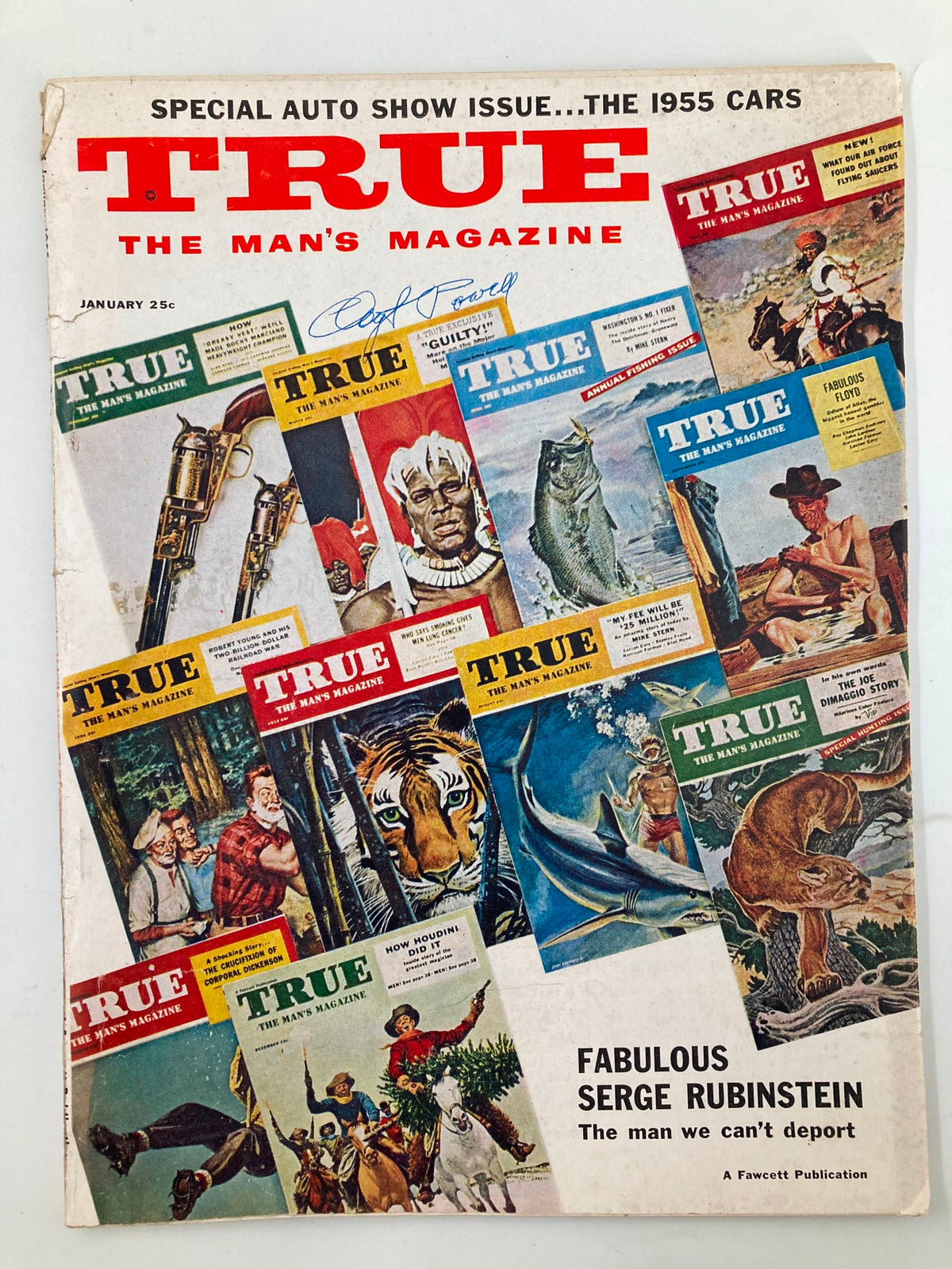 Cover of TRUE The Man's Magazine January 1955 featuring vibrant illustrations and articles about 1955 cars, notable for the artwork by Serge Rubinstein, showcasing a collection of various covers and themes from the magazine.