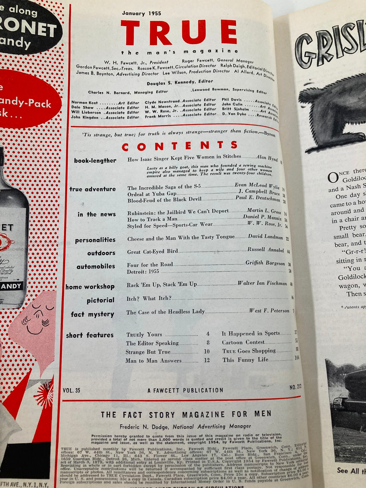 Interior page of TRUE The Man's Magazine January 1955, displaying the table of contents with a list of articles and features reflective of mid-20th century men's interests.
