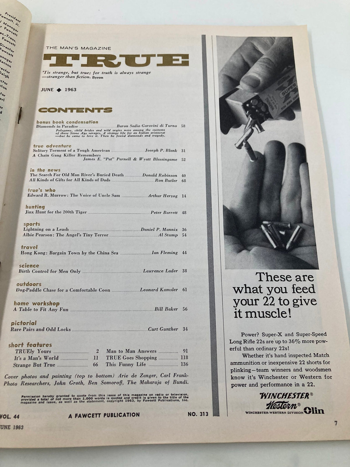 Interior page from TRUE The Man's Magazine June 1963 displaying the table of contents, including articles on various topics like the Birth Control for Men and other featured stories.