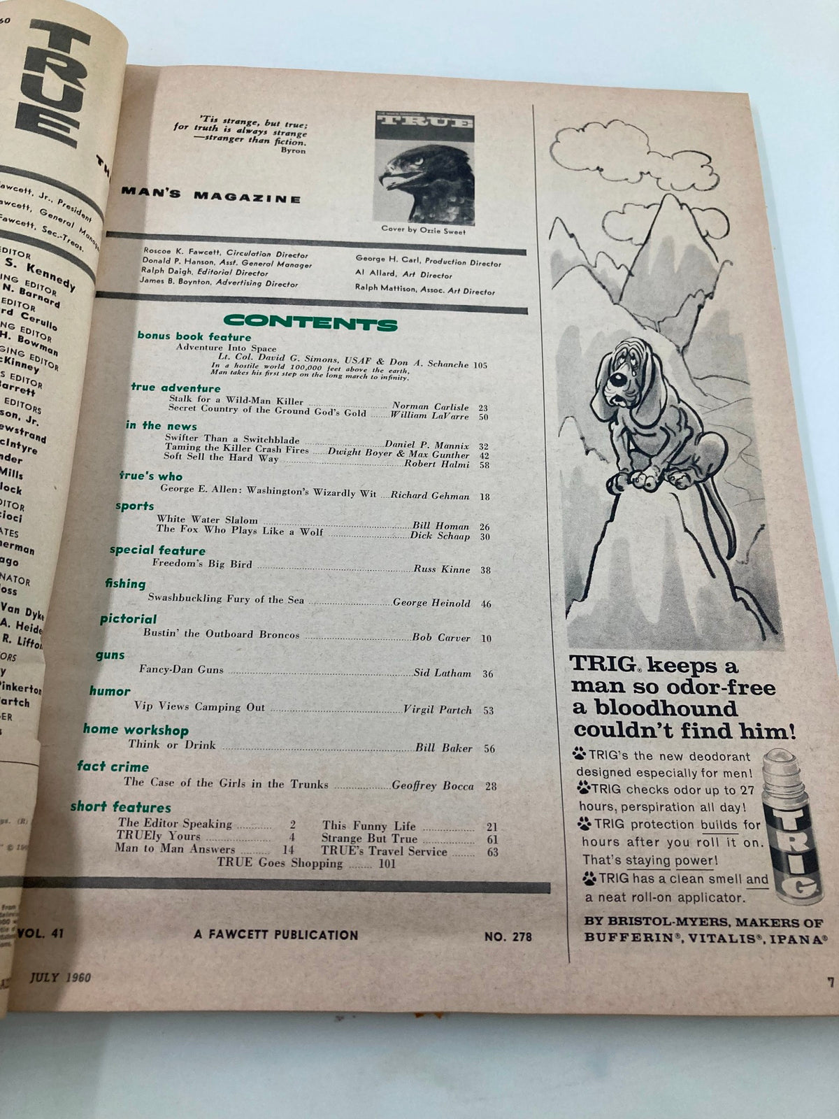 Interior page of TRUE The Man's Magazine July 1960 displaying the table of contents, illustrating the range of articles and features included in this collector's edition.