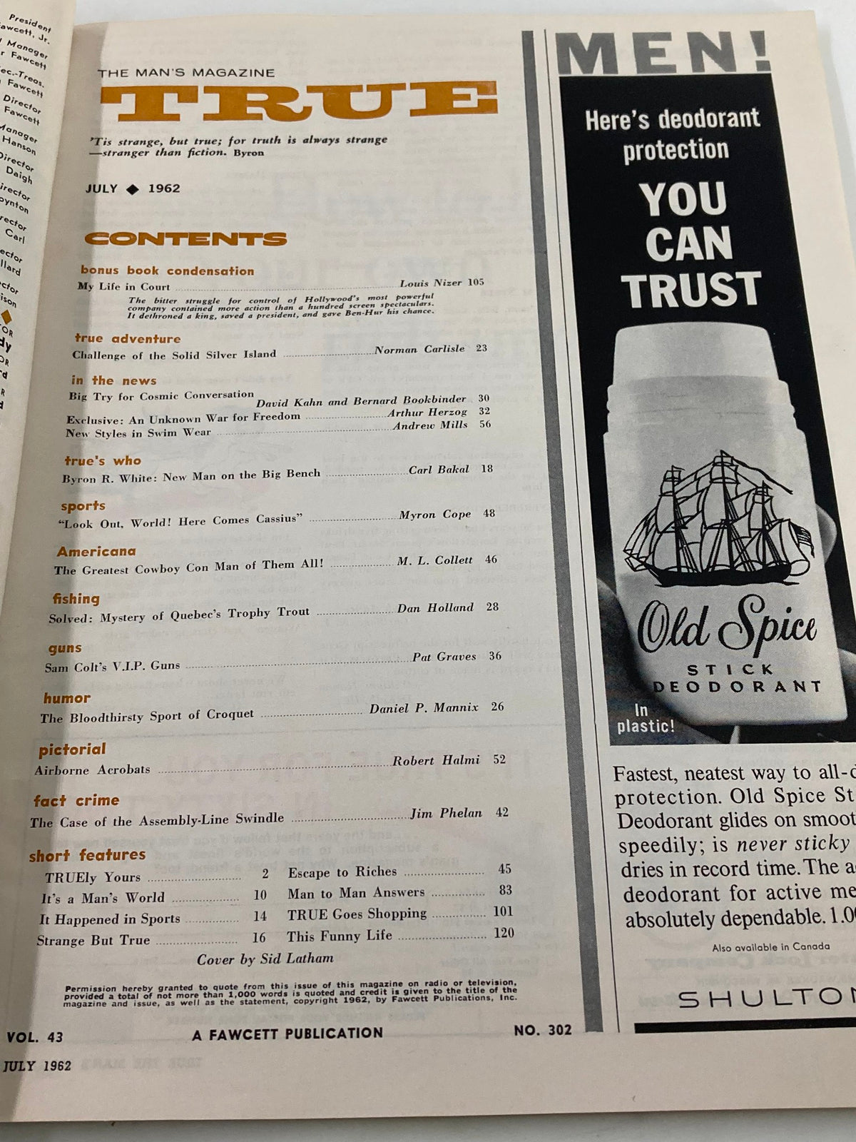 Inside page of TRUE The Man's Magazine July 1962, displaying the table of contents, including the feature article My Life In Court by Louis Nizer.