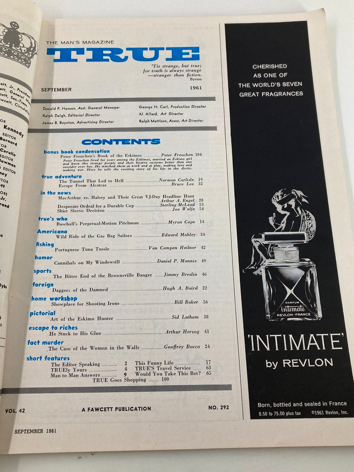 Interior page of TRUE The Man's Magazine September 1961, displaying the contents section, with various featured articles including 'The Tunnel That Led to Hell', surrounded by classic magazine design elements from the era.