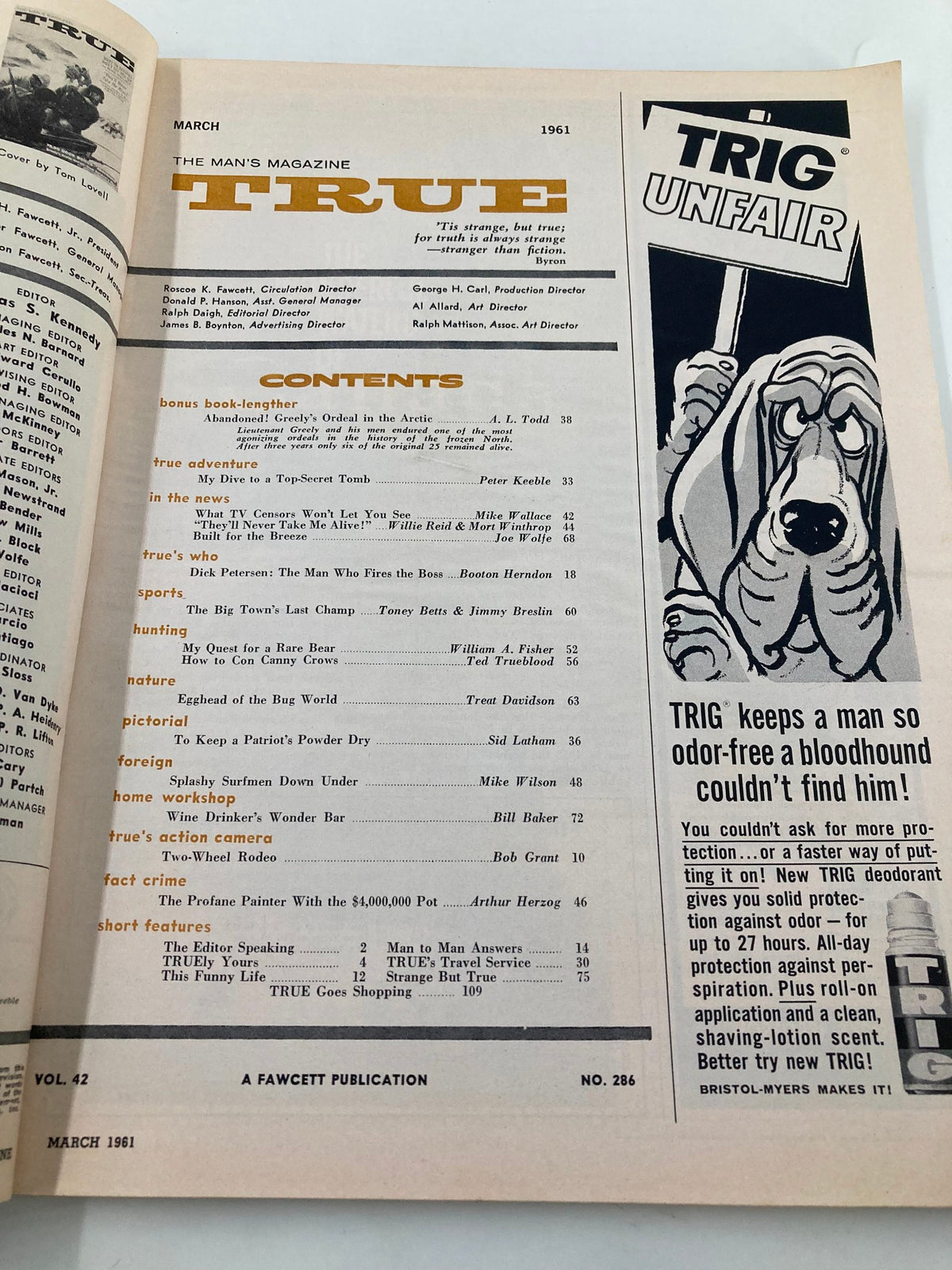 Table of contents from TRUE The Man's Magazine March 1961, listing various articles, including "To Keep A Patriot's Powder Dry."