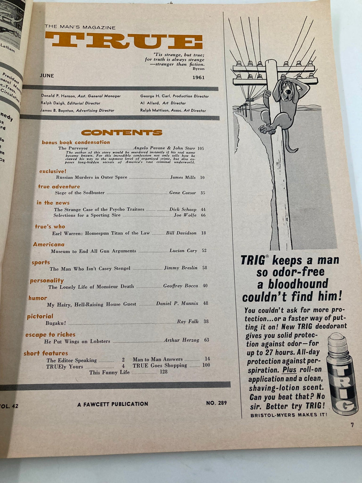 Table of contents from TRUE The Man's Magazine June 1961 listing articles including 'Russian Murders in Outer Space' and various features of interest from the era.