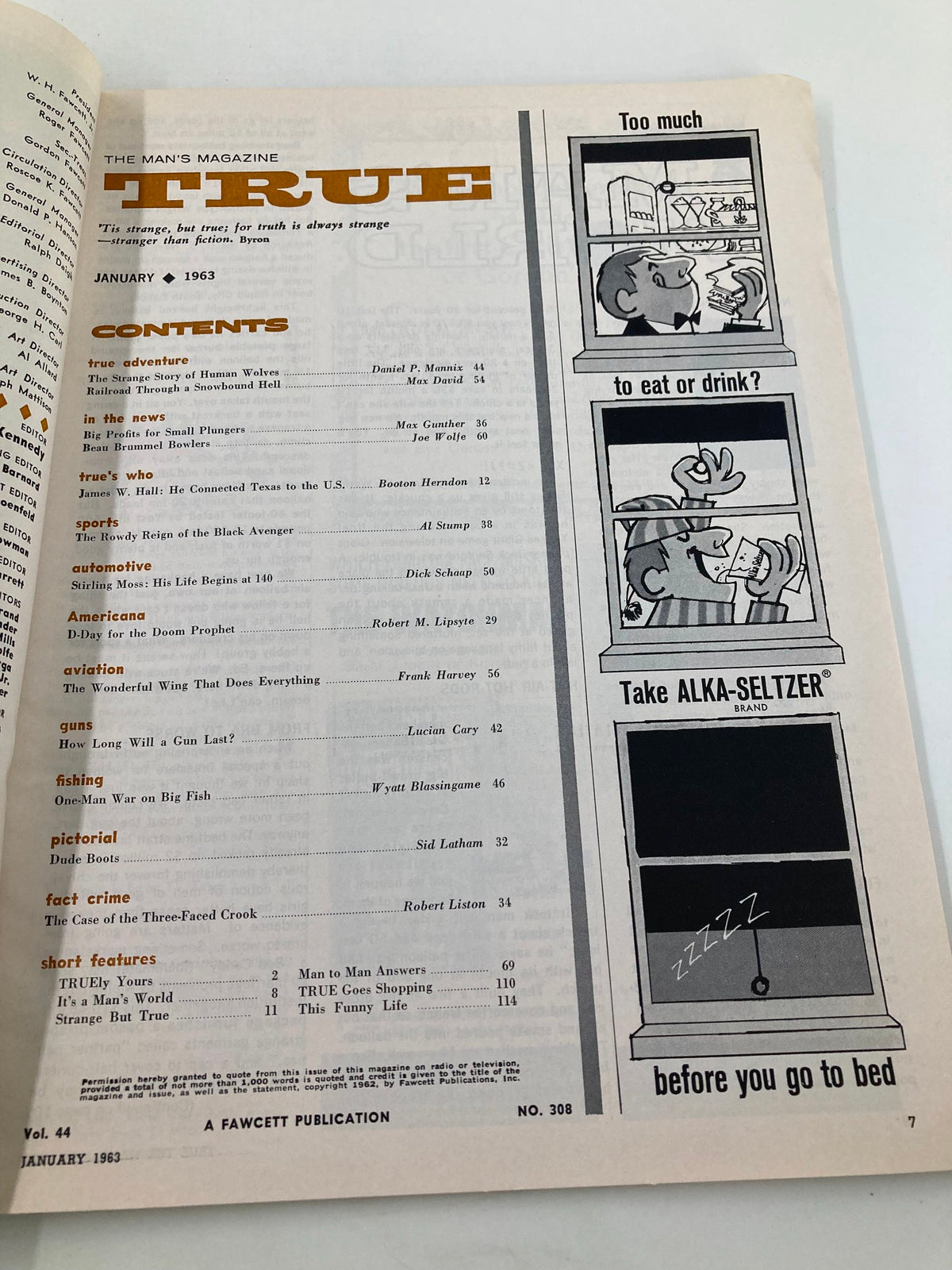 Table of contents page from TRUE The Man's Magazine January 1963, featuring articles including 'Railroad Through a Snowbound Hell' and illustrations related to food and drink, capturing the vintage style of the era.
