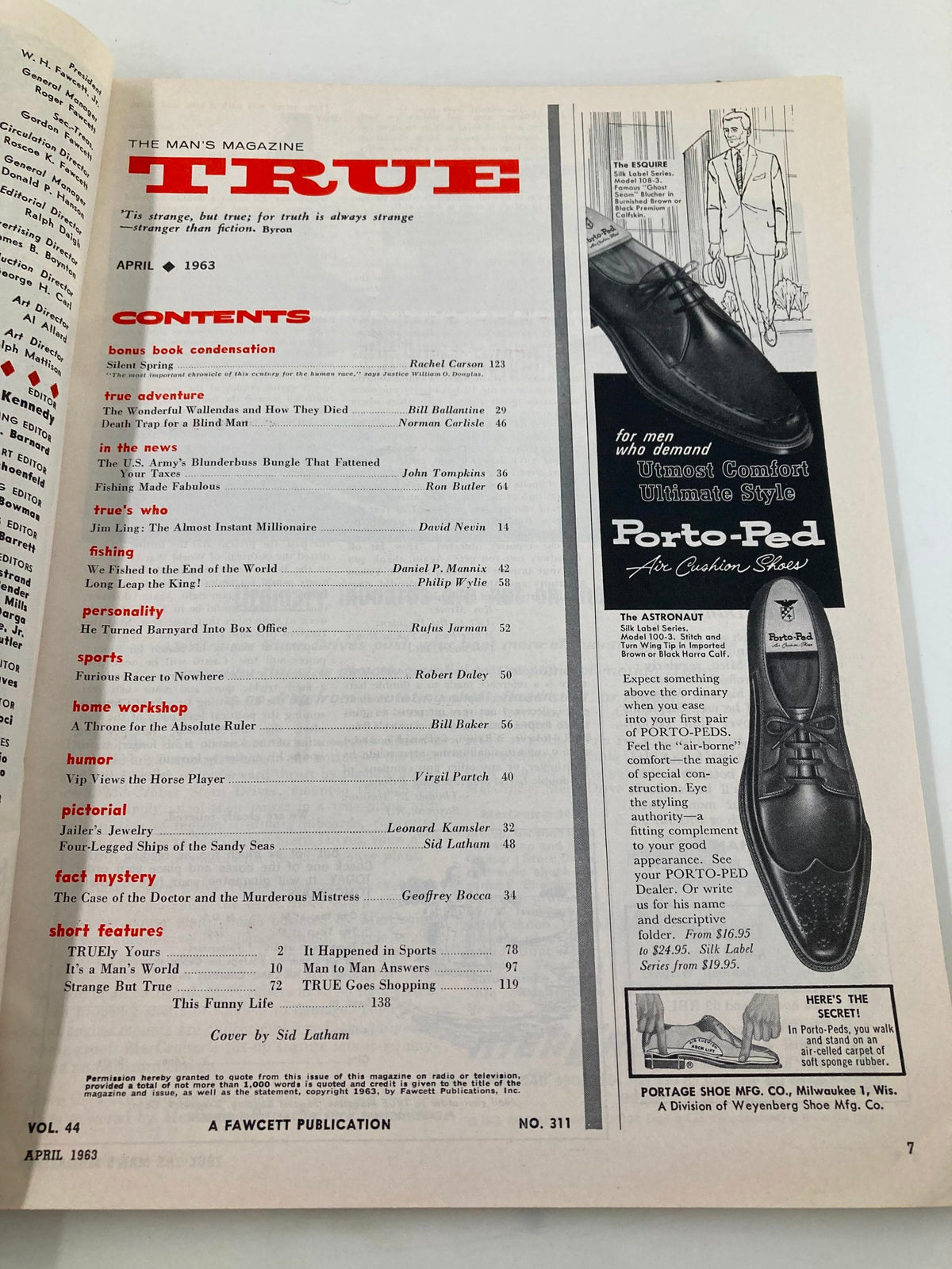 Contents page of TRUE The Man's Magazine April 1963 with articles including The Wonderful Wallendas and a stylish ad for Porto-Ped shoes.