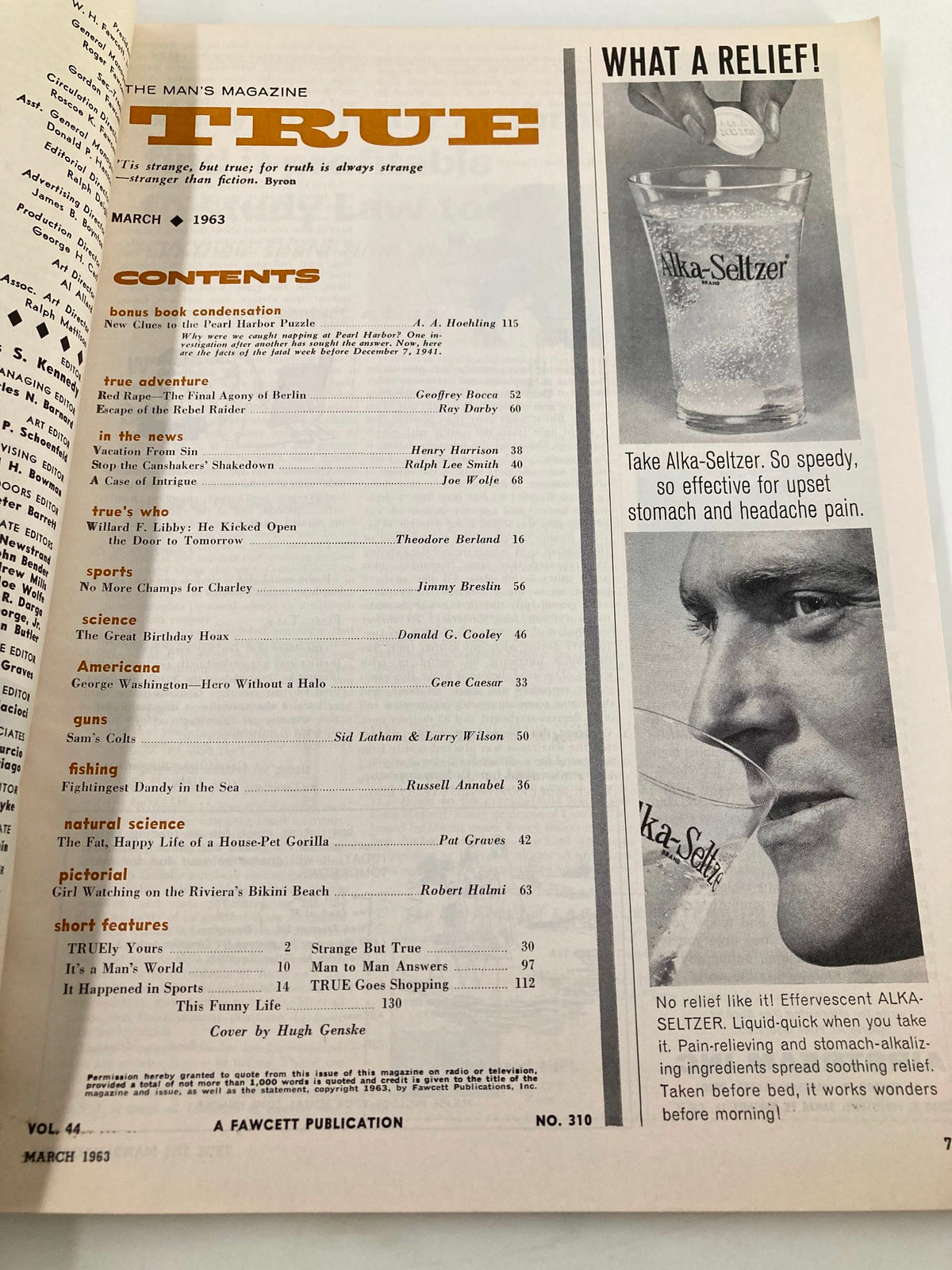 Contents page of TRUE The Man's Magazine March 1963 showcasing the magazine's articles, including 'Red Tape - The Final Agony of Berlin' and advertisements for Alka-Seltzer.