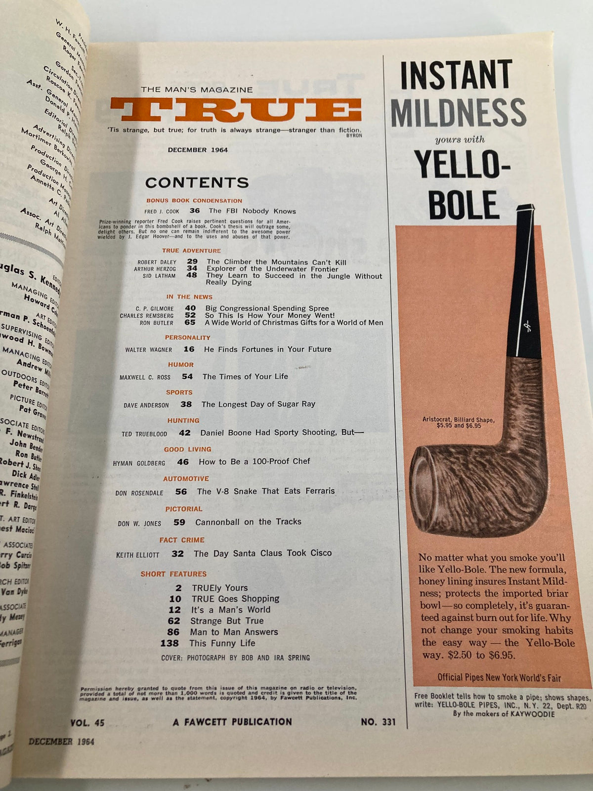 Contents page of TRUE The Man's Magazine December 1964, including articles such as 'The Longest Day of Sugar Ray' and 'The Climber The Mountains Can't Kill'.
