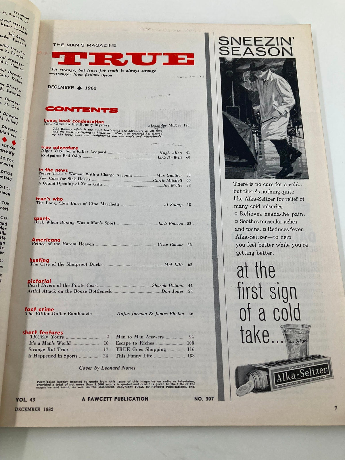 Table of Contents page from TRUE The Man's Magazine December 1962, displaying featured articles including 'New Clue to the Bounty Mystery' and 'Never Trust a Woman with a Charge Account'.
