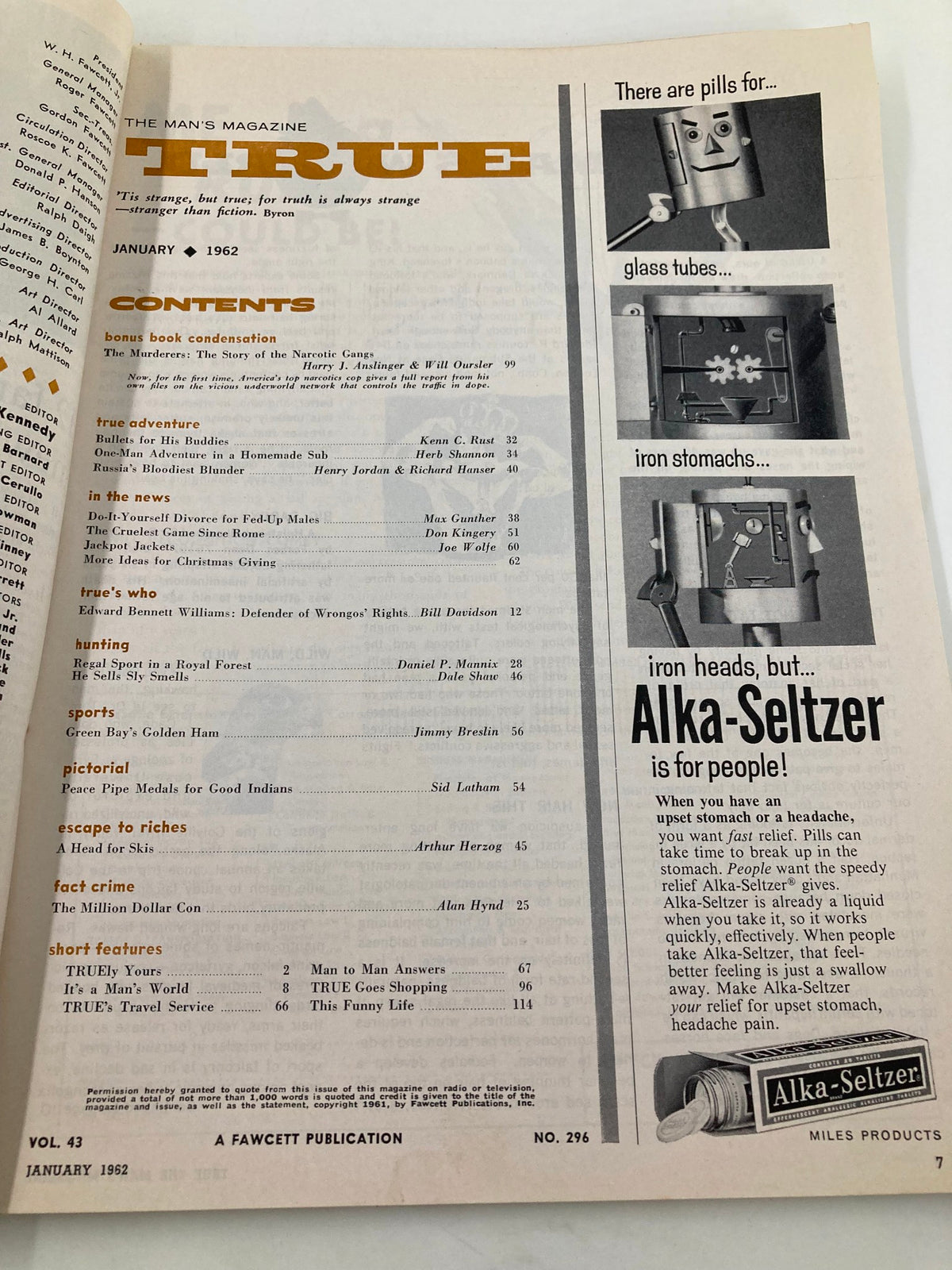 Contents page of TRUE The Man's Magazine January 1962, detailing articles including 'The Murderers: The Story of the Narcotic Gangs'.