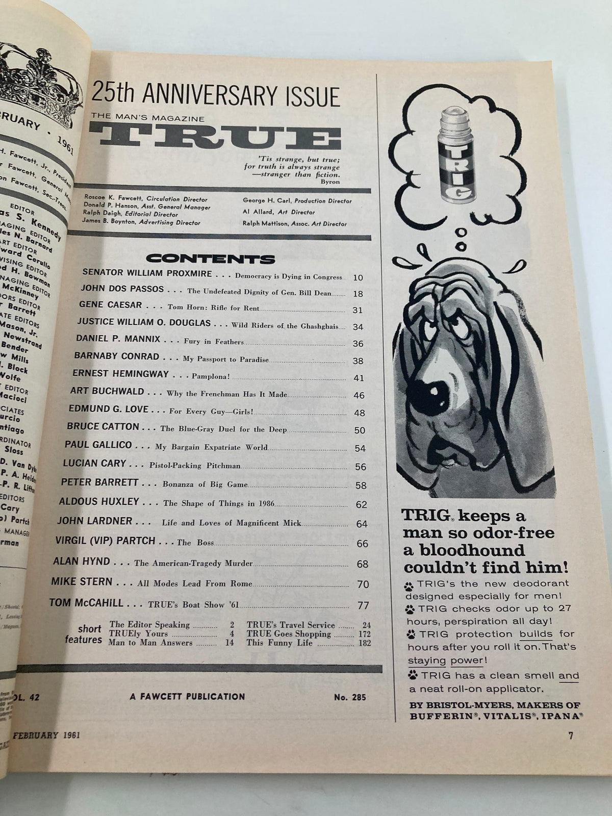Inside page of TRUE The Man's Magazine February 1961, displaying the contents section, including articles on political themes and features by famous writers from the era.