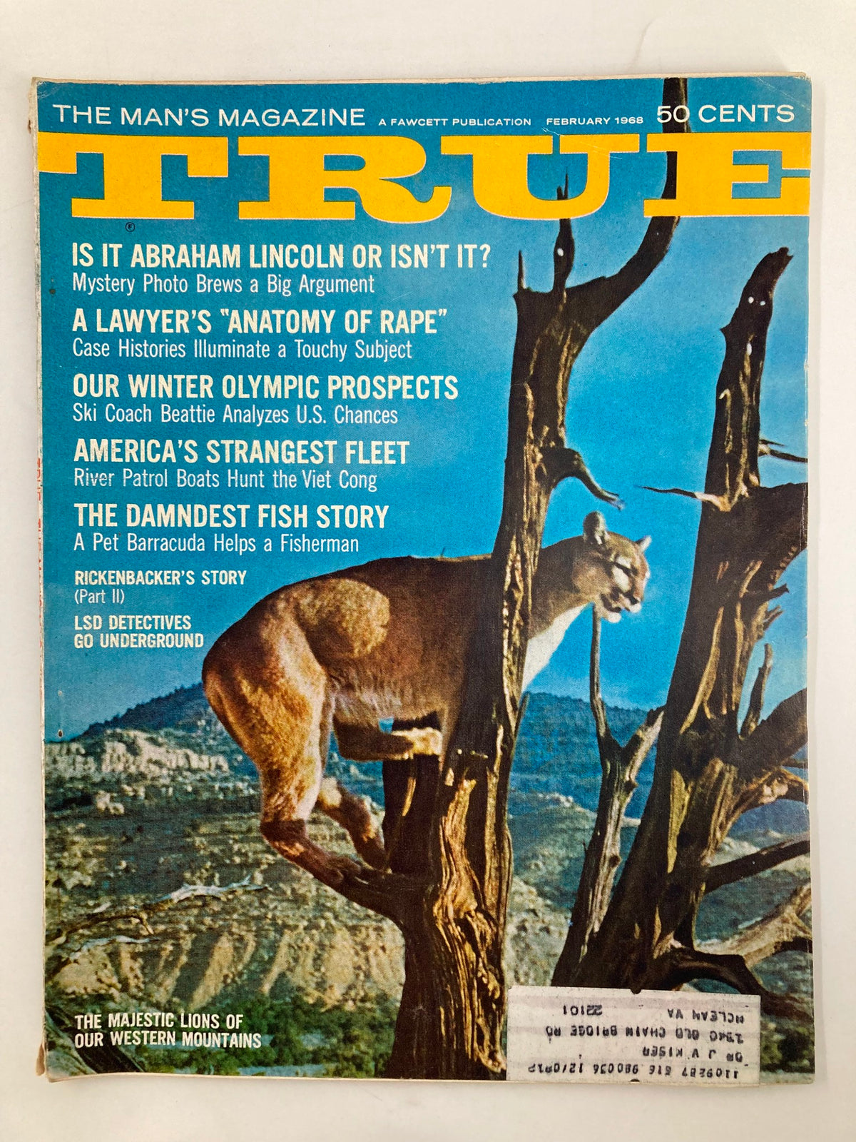 Cover of TRUE The Man's Magazine February 1968 featuring a big argument about a mystery photo, showcasing the magazine title, headlines, and a striking image of a mountain lion.