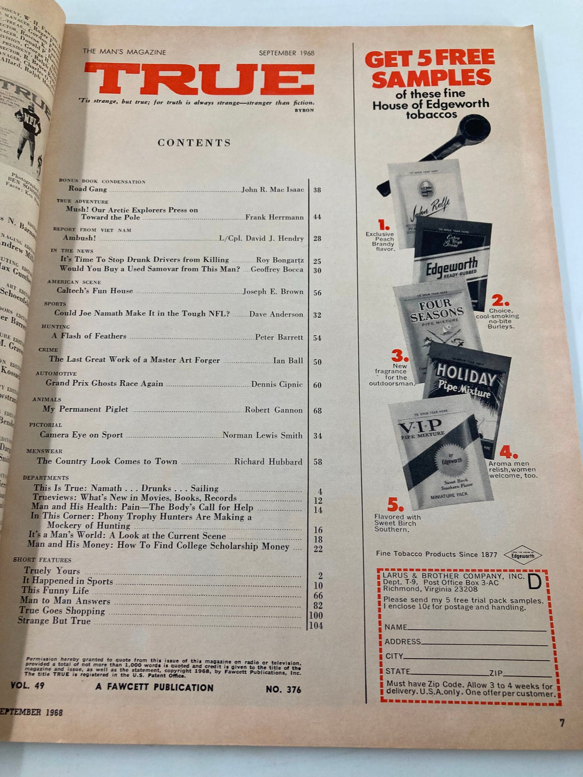 Contents page of TRUE The Man's Magazine September 1968, showcasing various articles including sports topics, with a focus on Joe Namath.