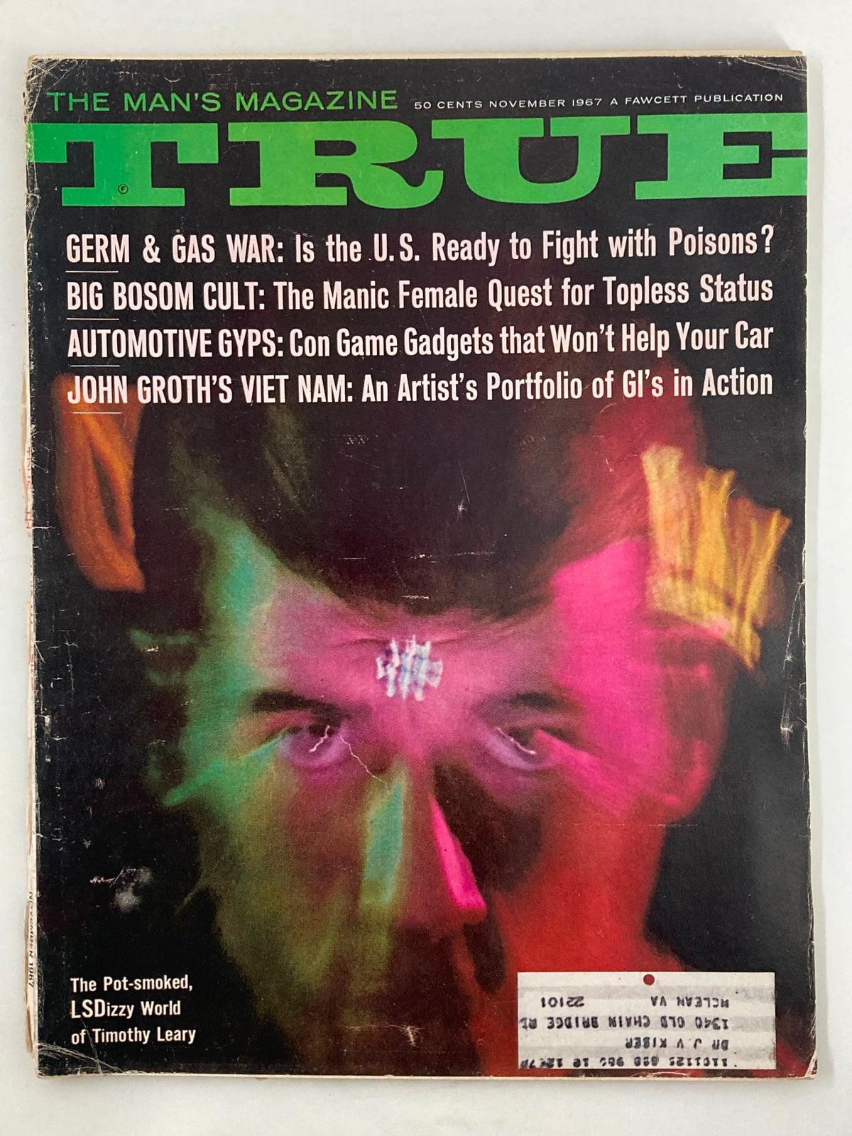 Cover of TRUE The Man's Magazine from November 1967 featuring bold headlines, including 'The Ocean's Most Tantalizing Treasure' and topics such as the Germ & Gas War and the Big Bosom Cult.