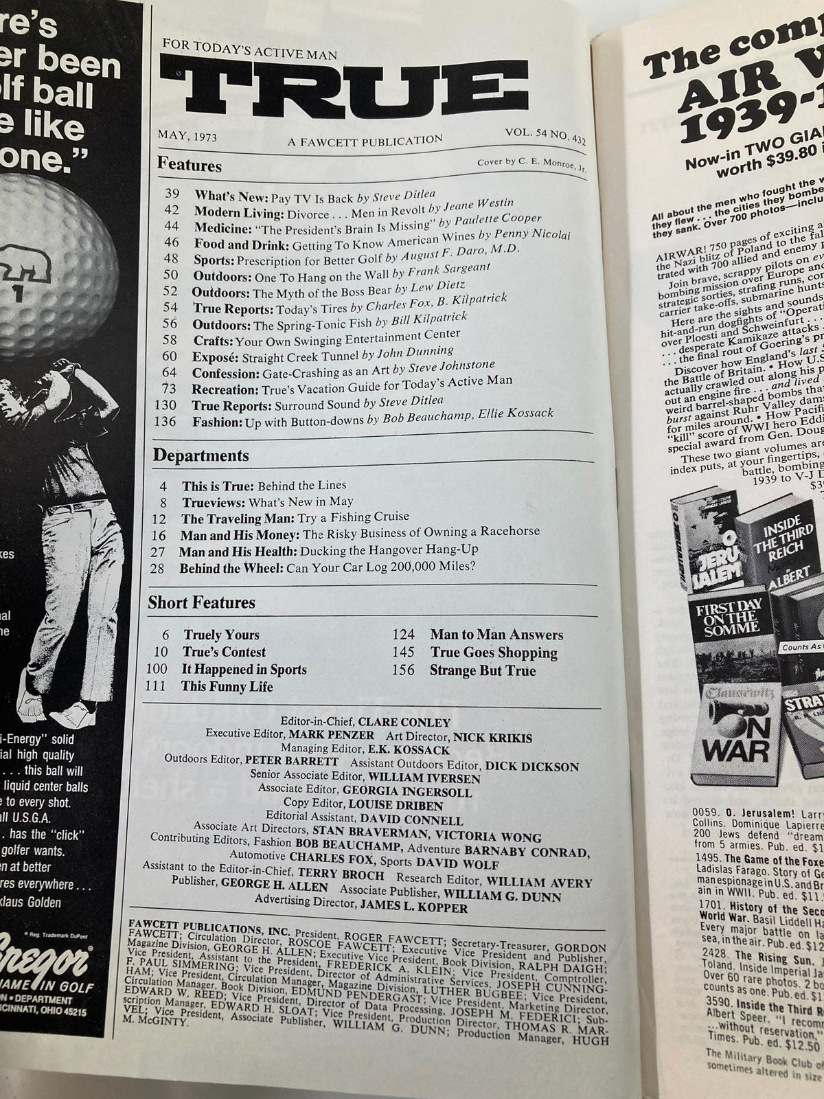Inside pages of TRUE The Man's Magazine May 1973 displaying the table of contents, highlighting features including fishing tips and articles on outdoor life, reflecting the interests of the 1970s for men’s recreational activities.