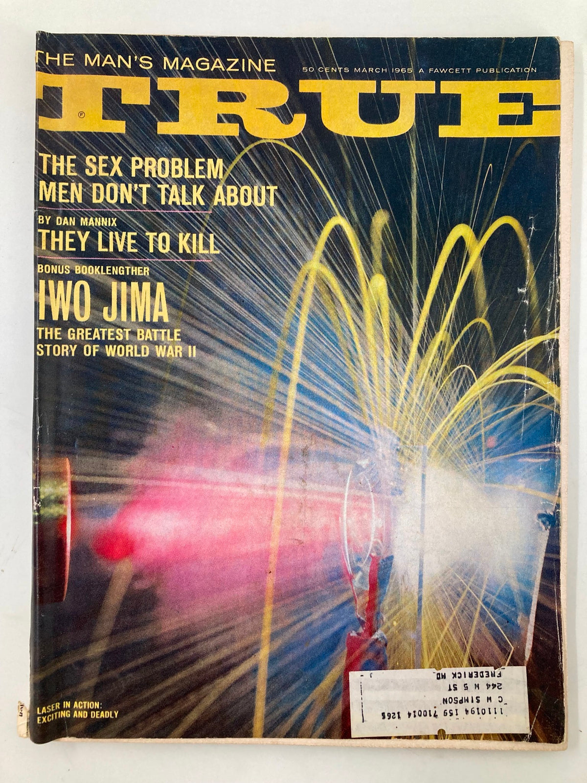 Cover of TRUE The Man's Magazine March 1965, featuring a bold title and themes about the Iwo Jima battle, a laser illustration, and additional articles.