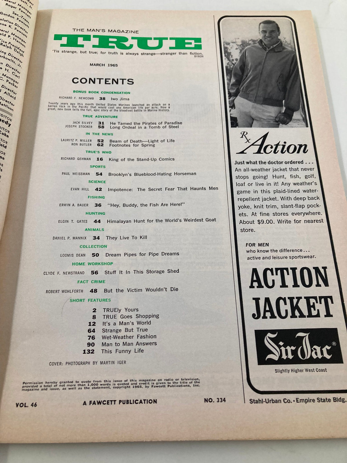Table of contents from TRUE The Man's Magazine March 1965 featuring articles on Iwo Jima and other topics of the time.