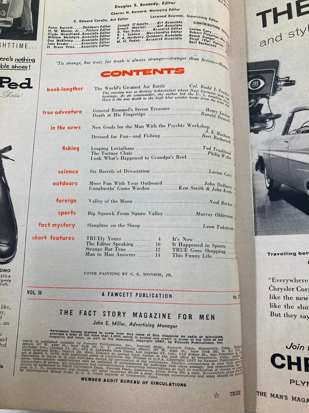 True The Man's Magazine April 1957 contents page displaying article titles and contributors, highlighting the cover story 'Big Squawk From Squaw Valley' and various topics of mid-20th century culture.