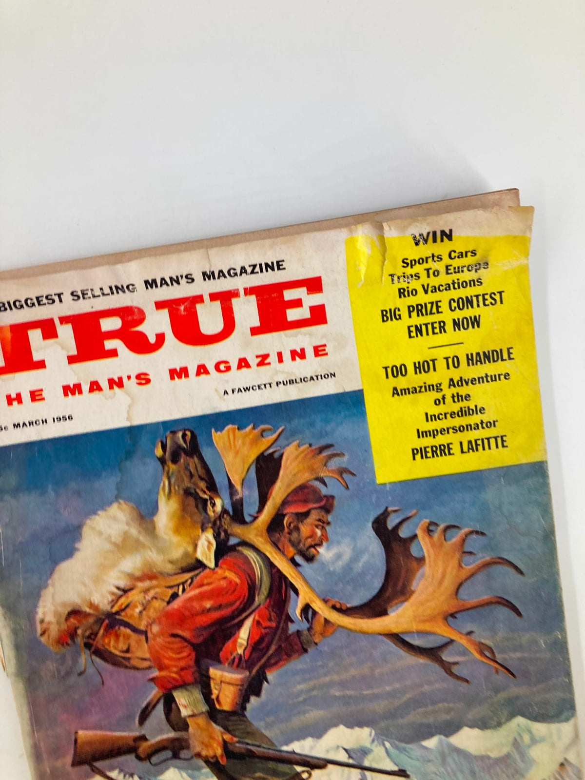 Close-up of TRUE The Man's Magazine March 1956 cover highlighting the promotional section and artistic details of the vintage issue.
