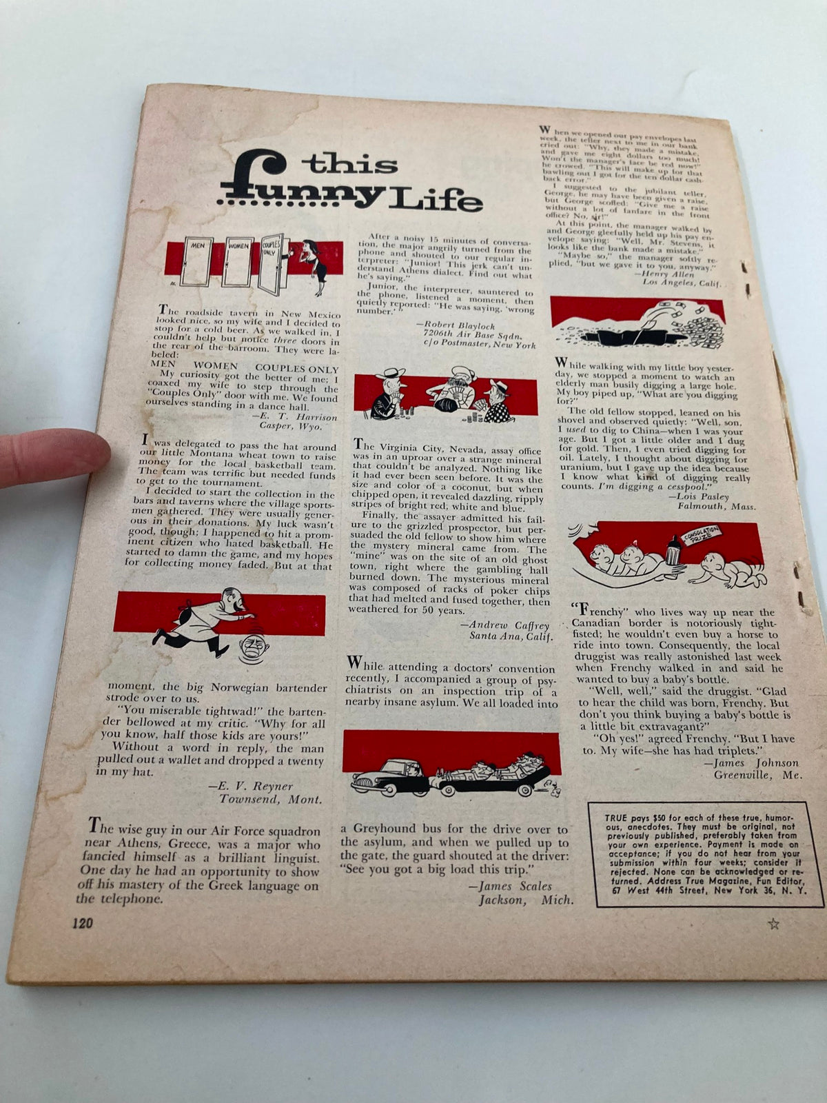 Back page of TRUE The Man's Magazine March 1956 featuring humorous anecdotes, contributing to the nostalgic charm of the vintage magazine.
