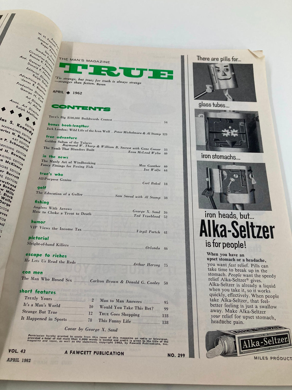 Interior page of TRUE The Man's Magazine April 1962 displaying the table of contents with various articles and features listed, showcasing the magazine's vintage layout.