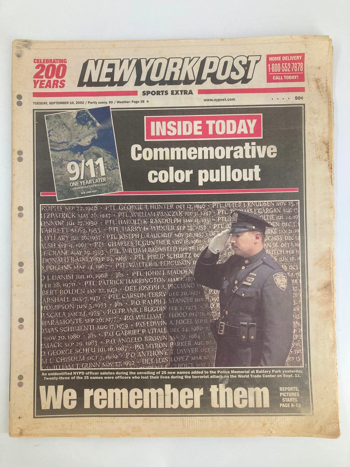 New York Post Newspaper September 10 2002 featuring a commemorative color pullout honoring the Police Memorial at Battery Park, with an image of a police officer saluting.