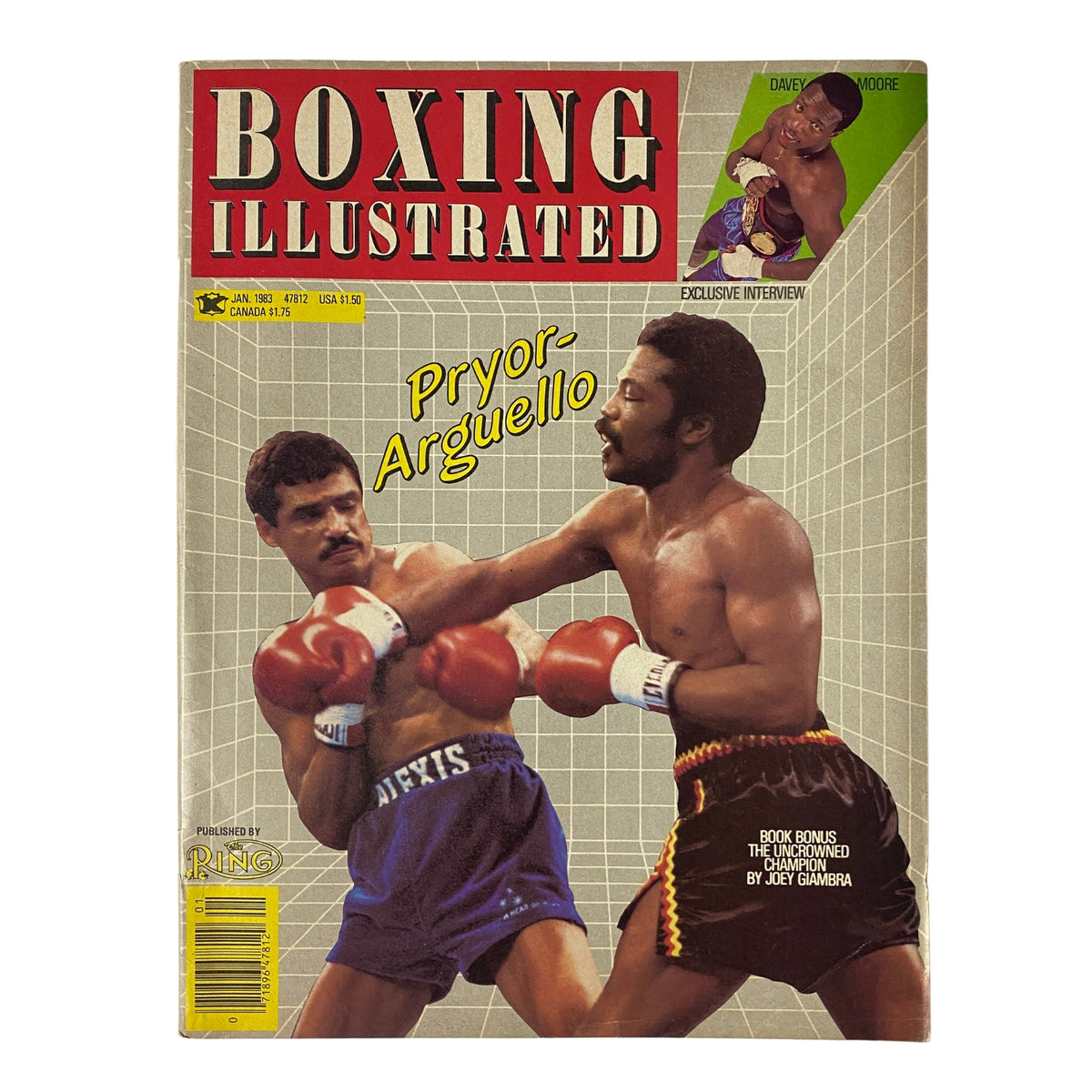 Boxing Illustrated Magazine January 1983 cover featuring Aaron Pryor vs. Alexis Argüello in action, highlighting a key moment from the legendary boxing match.