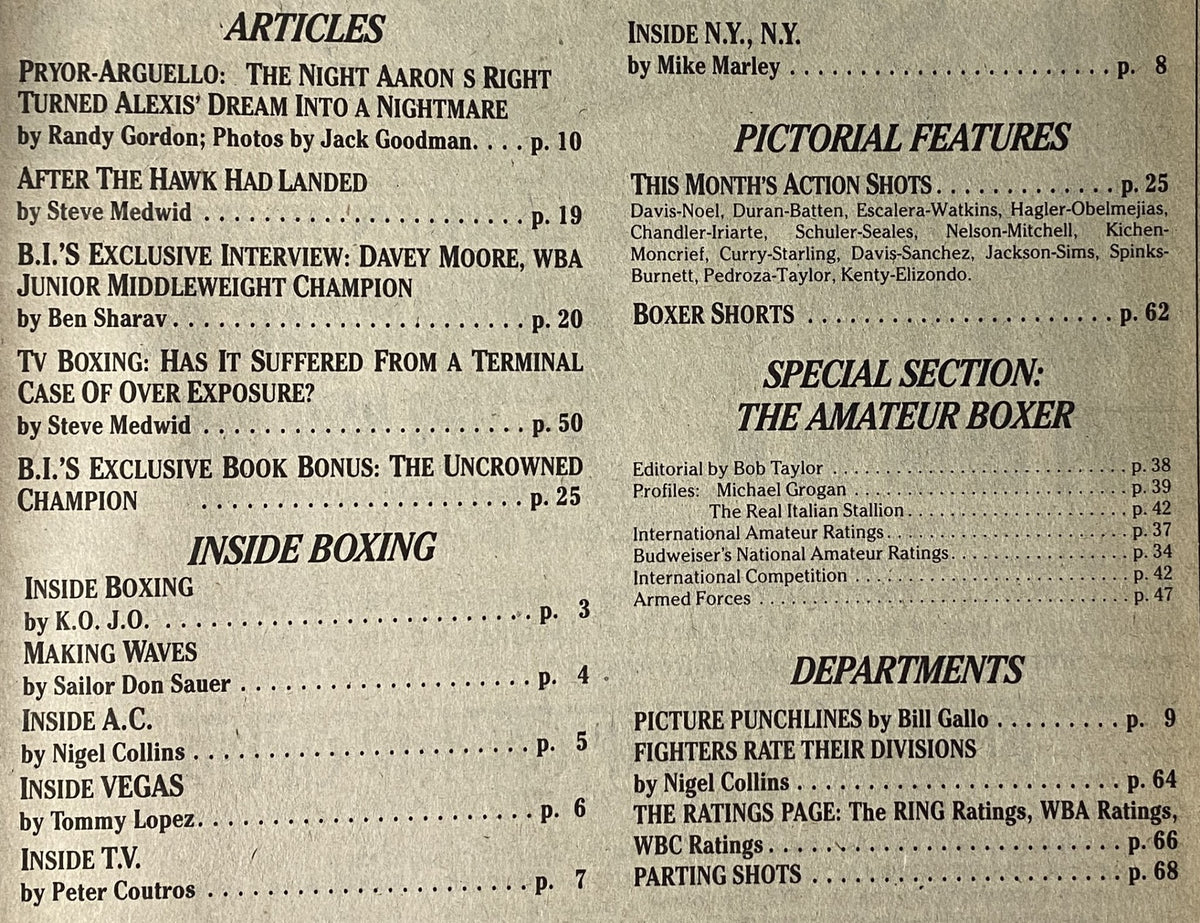 Table of contents from Boxing Illustrated Magazine January 1983, featuring articles including analysis of the Pryor-Argüello fight and an exclusive interview with Davey Moore.