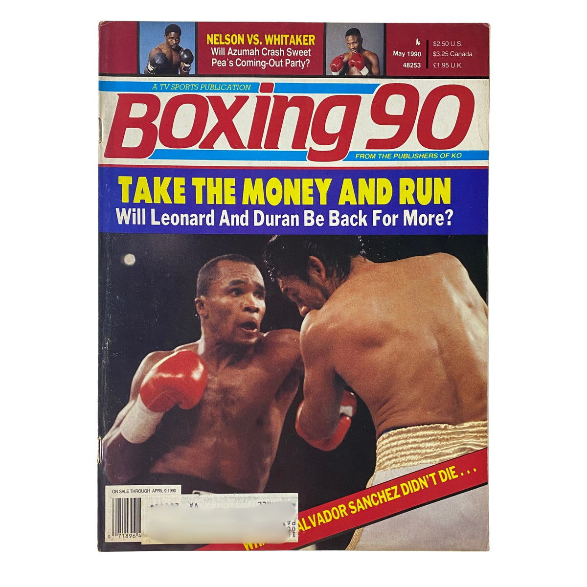 Cover of Boxing 90 Magazine May 1990 featuring Sugar Ray Leonard and Roberto Duran with the headline 'Take the Money and Run: Will Leonard and Duran Be Back for More?'. This historical issue captures the essence of boxing's iconic rivalry.