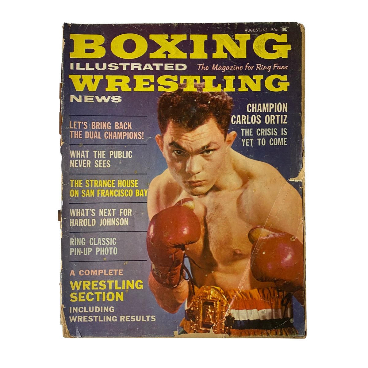 Boxing Illustrated Magazine August 1962 featuring Carlos Ortiz on the cover, highlighting boxing and wrestling news, with attention to the dual champions concept and a pin-up photo.