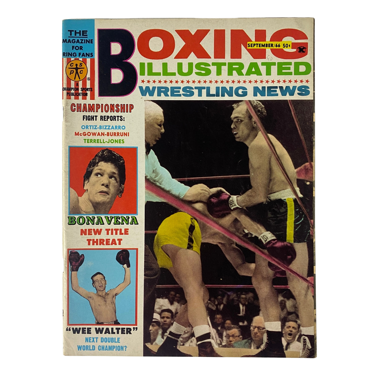 Cover of Boxing Illustrated Magazine, September 1966 issue featuring Ringo Bonavena and highlighted boxing news including Ortiz-Bizzarro fight report.