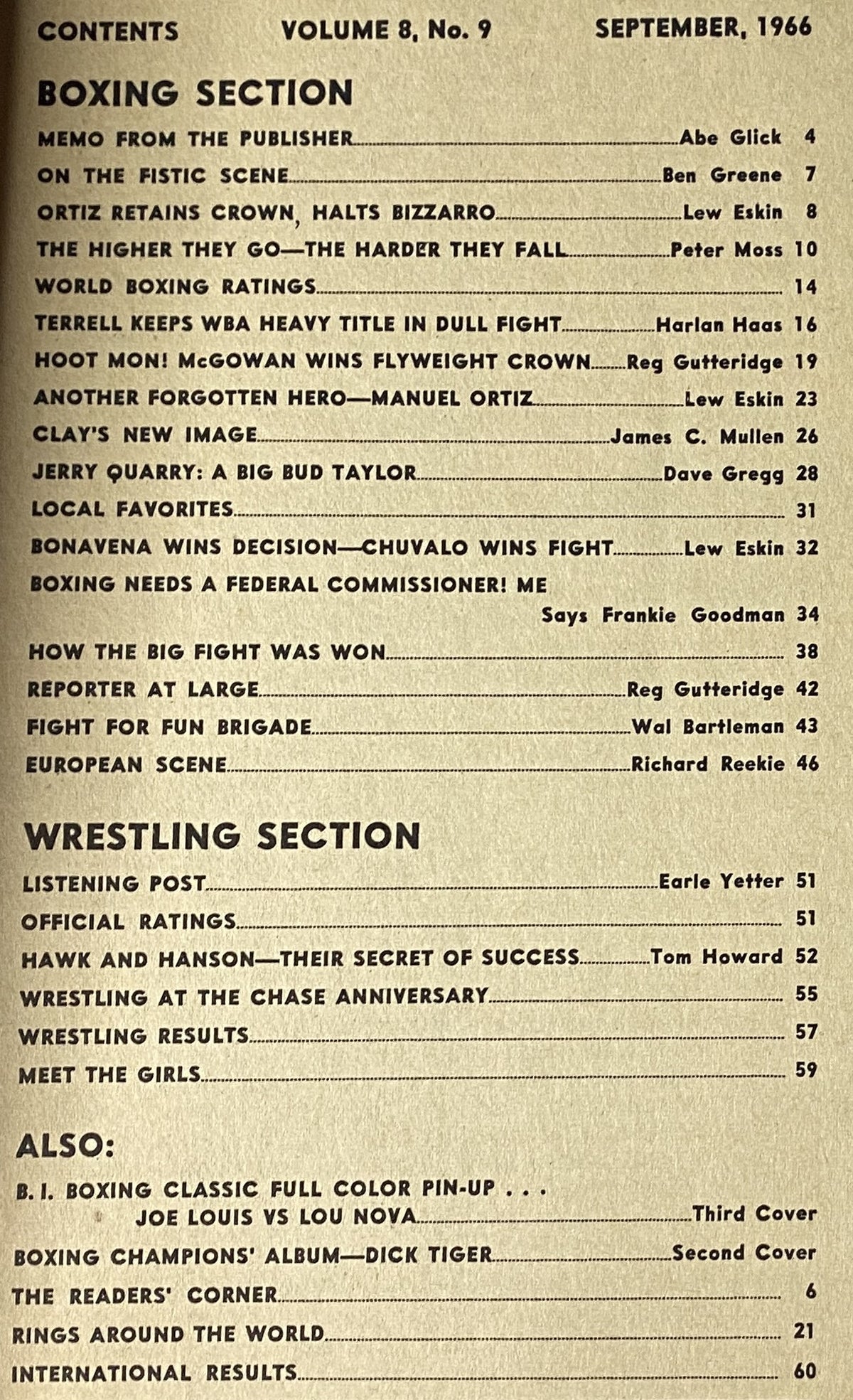 Table of contents from Boxing Illustrated Magazine, September 1966 issue, detailing articles and features including reports by Lew Eskin and Reg Gutteridge.