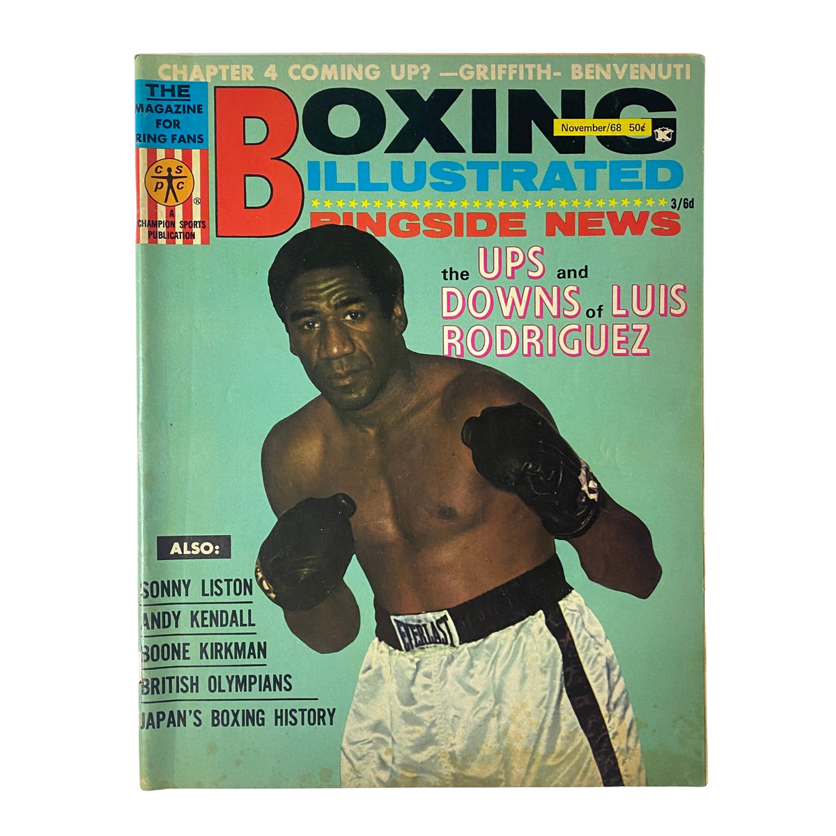 Cover of Boxing Illustrated Magazine November 1968 featuring Luis Manuel Rodríguez, showcasing boxing highlights and features including 'The Ups and Downs of Luis Rodriguez'.