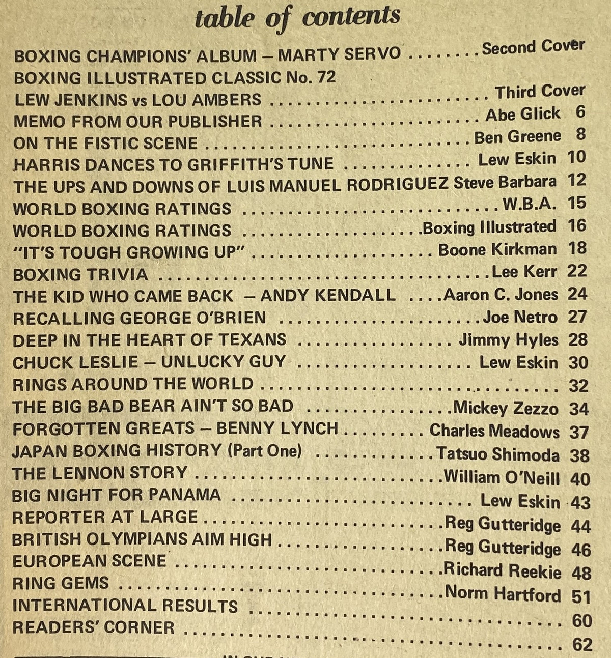 Table of contents page from Boxing Illustrated Magazine November 1968, listing articles and features including Luis Rodriguez, Andy Kendall, and Japanese boxing history.