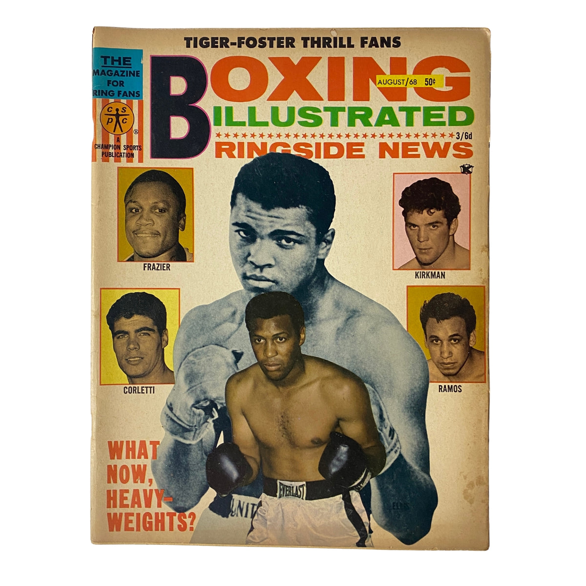 Cover of Boxing Illustrated Magazine August 1968 featuring Muhammad Ali and Joe Frazier along with highlights of notable boxers including Corletti, Kirkman, Ramos, and a discussion on the heavyweight division.