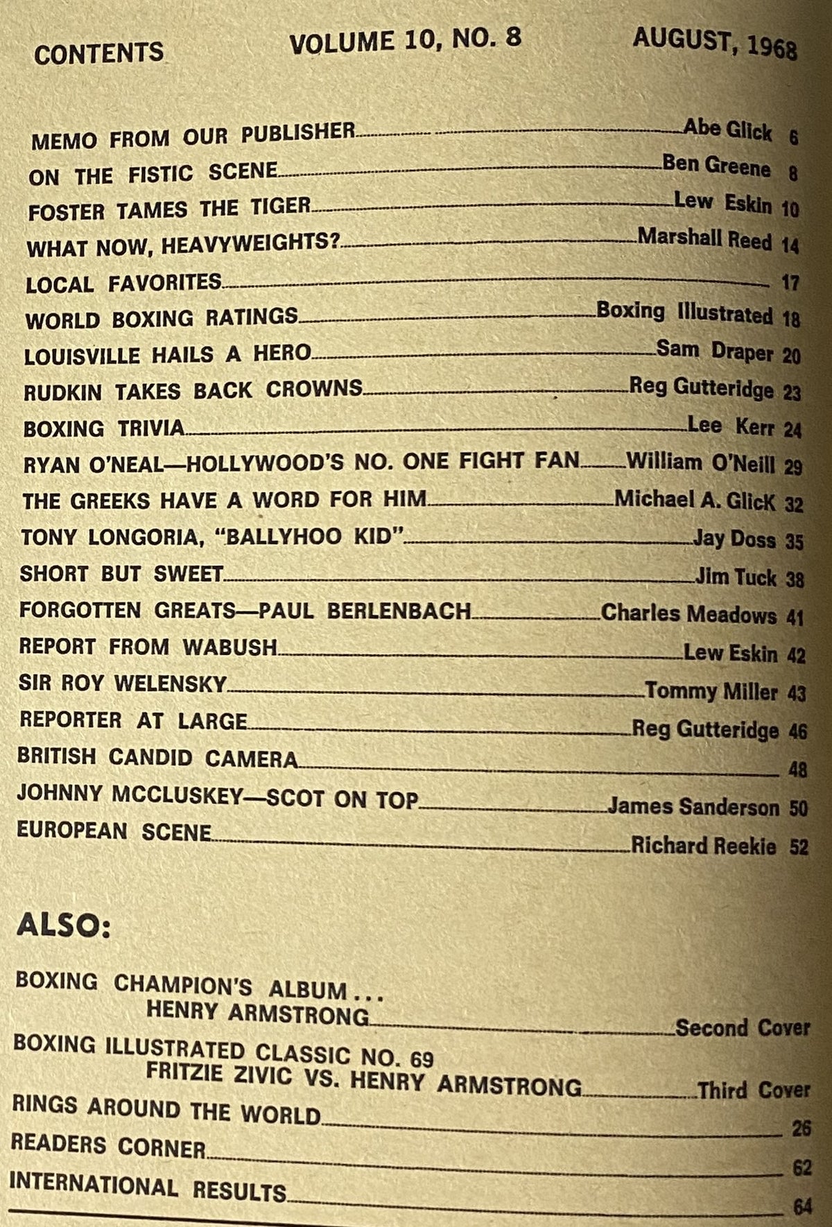 Contents page of Boxing Illustrated Magazine August 1968 featuring Muhammad Ali and Joe Frazier on the cover, showcasing articles including 'What Now, Heavyweights?' and 'Louisville Hails a Hero', highlighting notable boxing history.