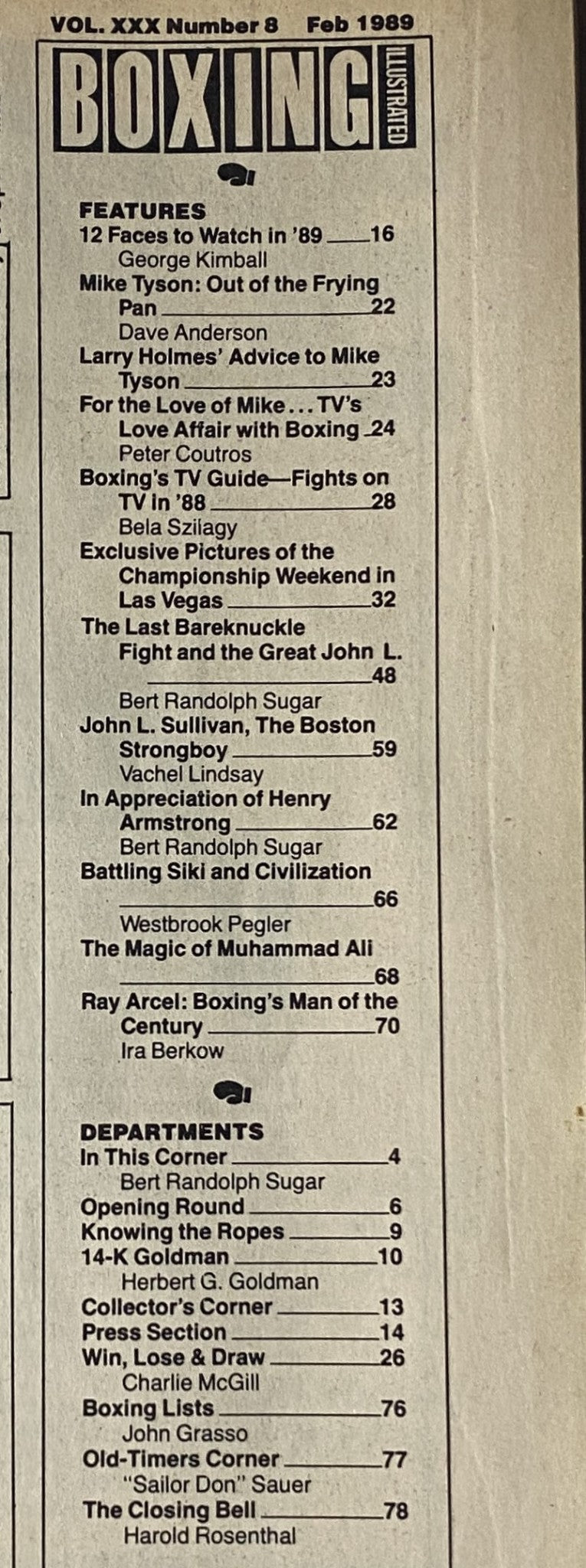 Table of contents from Boxing Illustrated Magazine February 1989, listing features and articles including '12 Faces to Watch in '89' and 'Larry Holmes' Advice to Mike Tyson'.