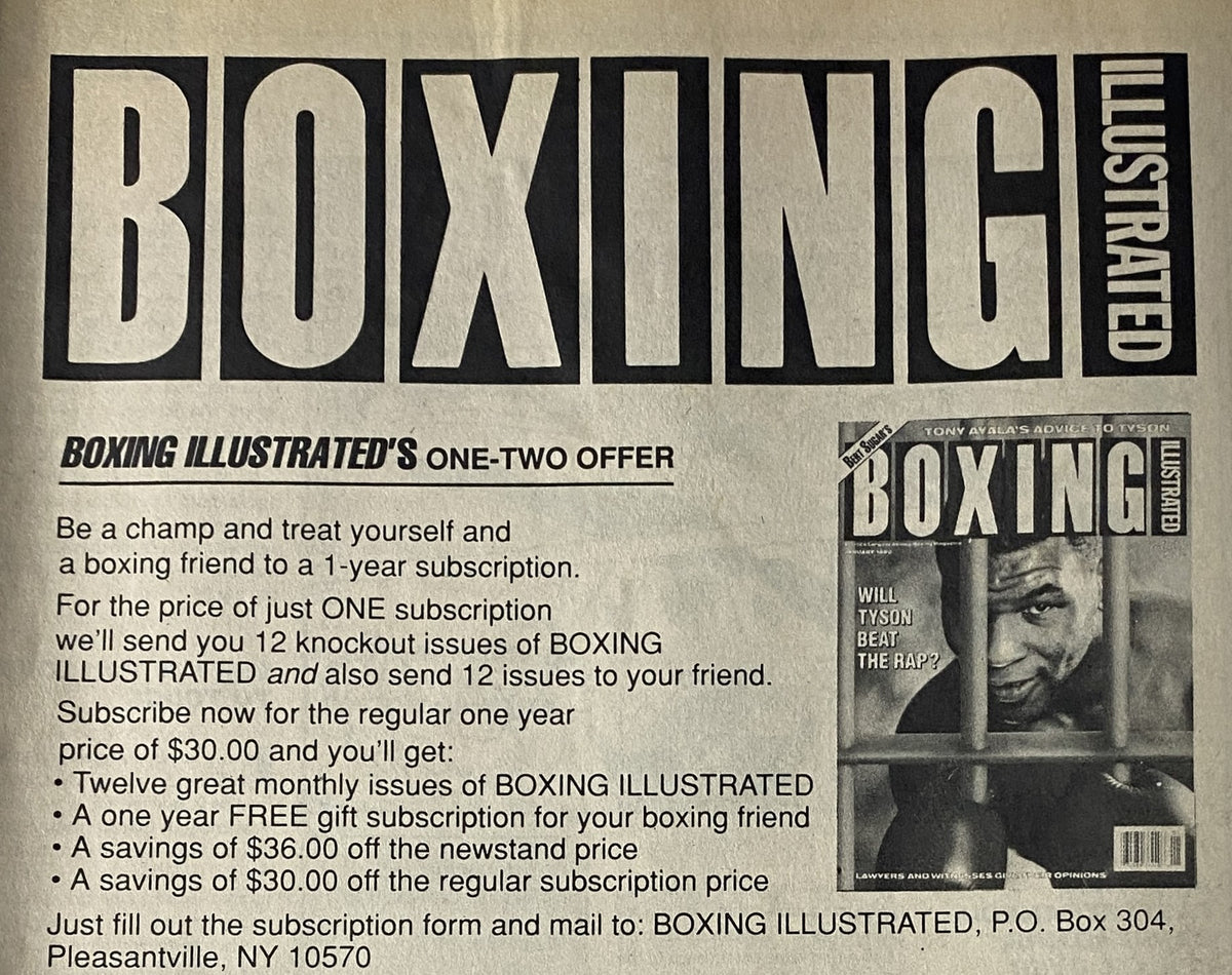 Subscription advertisement page from Boxing Illustrated Magazine, promoting a one-year subscription offer with the tagline 'Be a champ and treat yourself and a boxing friend to a 1-year subscription.'