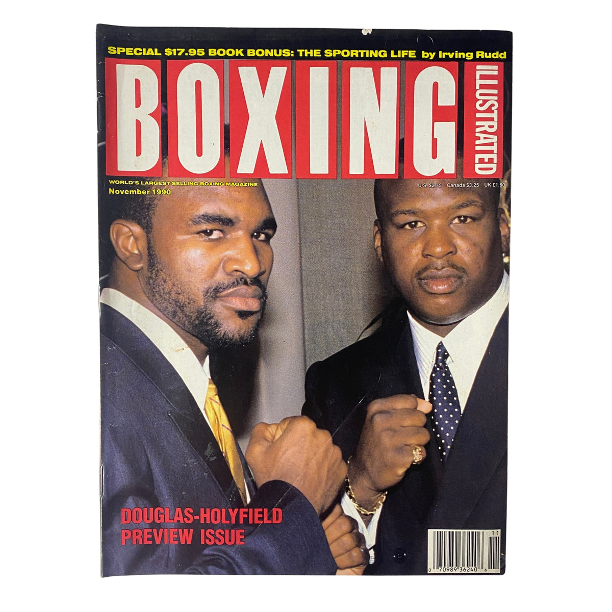 Cover of Boxing Illustrated Magazine November 1990 featuring Buster Douglas and Evander Holyfield, highlighting the Douglas-Holyfield heavyweight title preview.