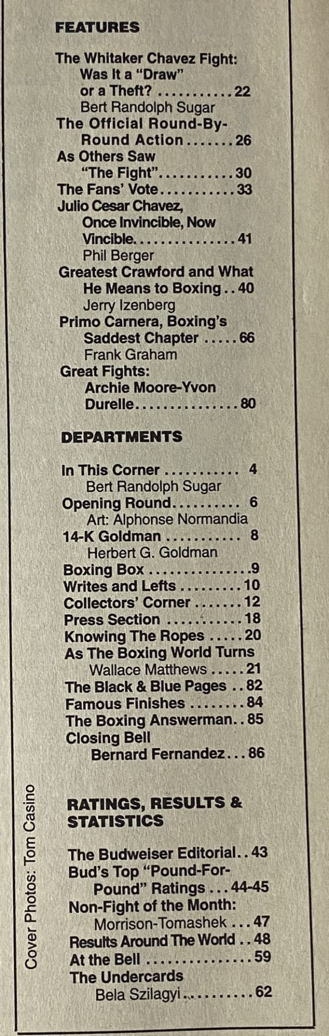 Table of contents from Boxing Illustrated Magazine, December 1993, featuring highlights on Pernell Whitaker vs. Julio César Chávez, including articles by notable boxing writers such as Bert Randolph Sugar and Phil Berger.
