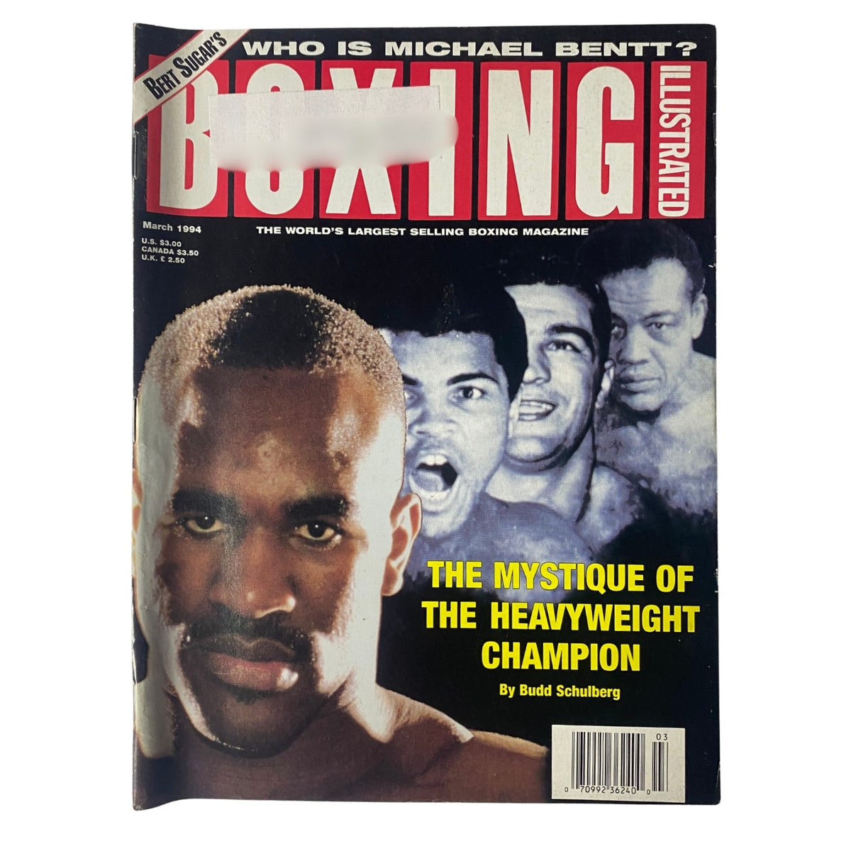 Cover of Boxing Illustrated Magazine March 1994 featuring Michael Bentt, highlighting themes of heavyweight boxing and sports commentary.