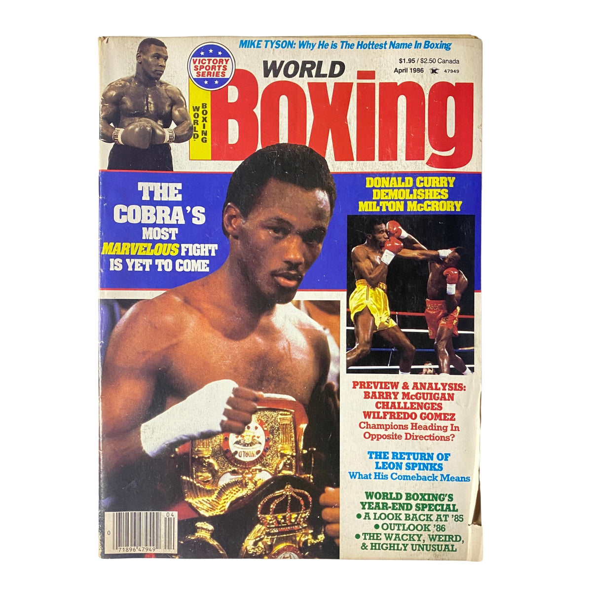 World Boxing Magazine April 1986 featuring Donald Curry winning against Milton McCrory, showcasing boxing highlights and articles including Mike Tyson's rise in popularity.